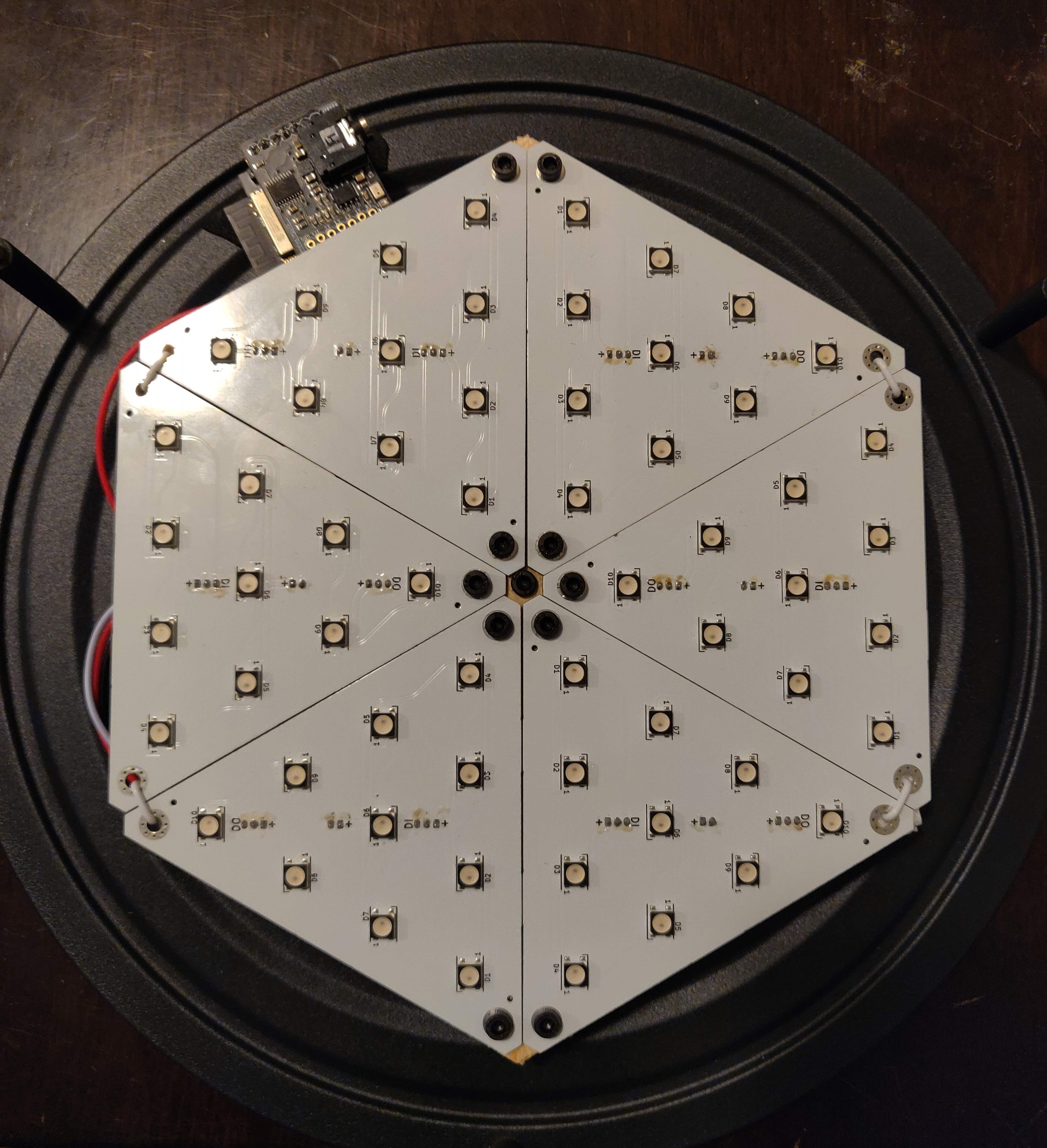 inside the small porthole - 6 LED triangles in a hexagonal array